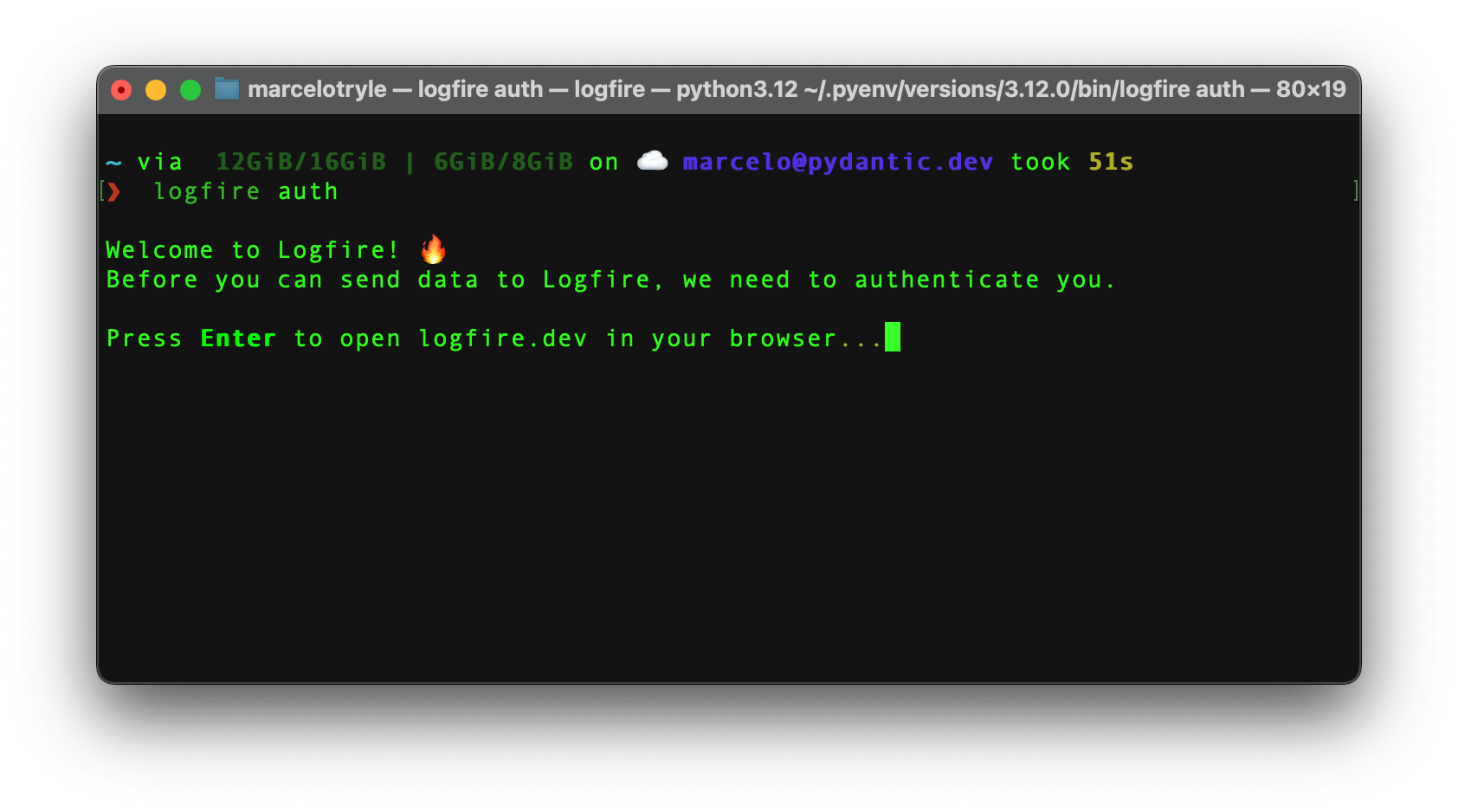 Terminal screenshot with Logfire auth command