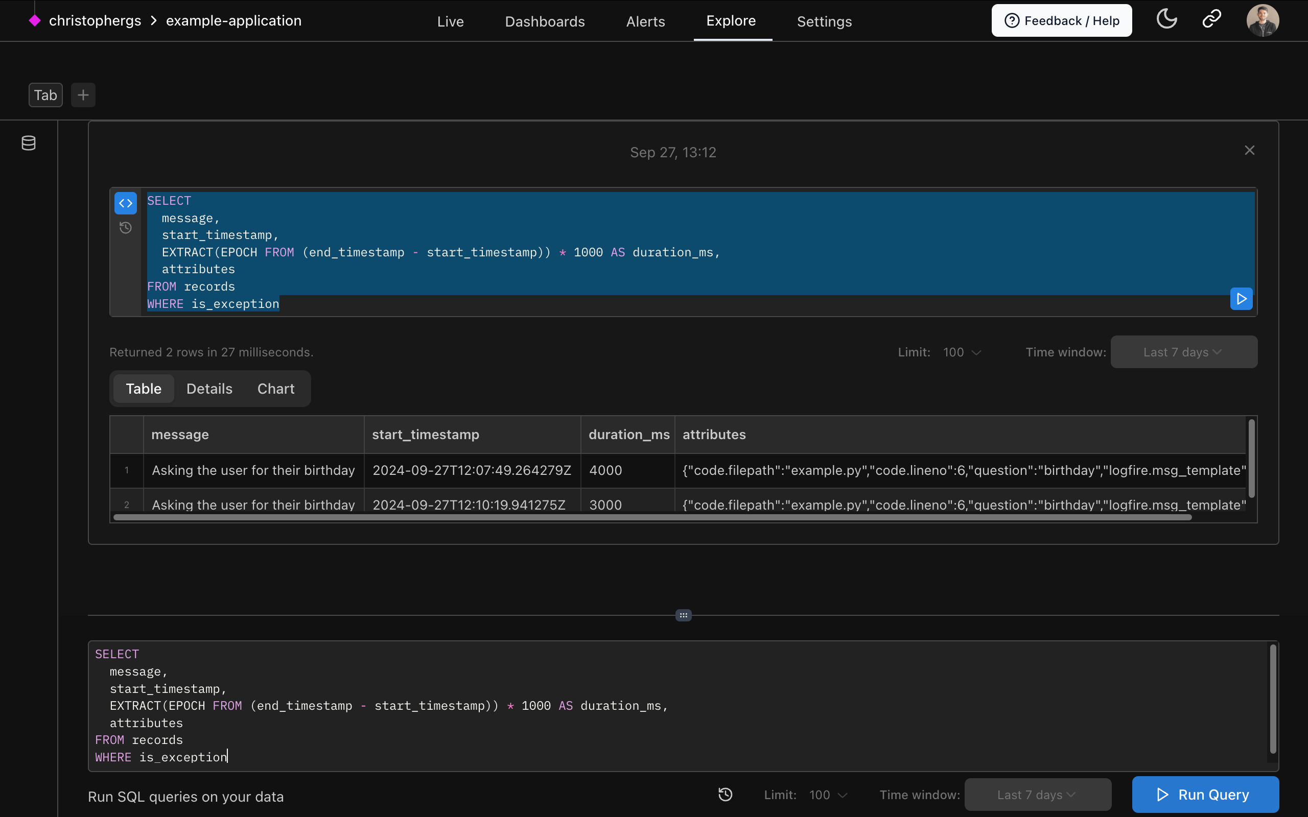 Logfire explore screen